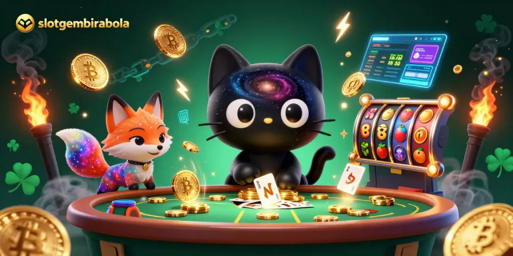 Engage in the vibrant cosmic casino scene of slotgembirabola with a black hole cat and nebula fox.