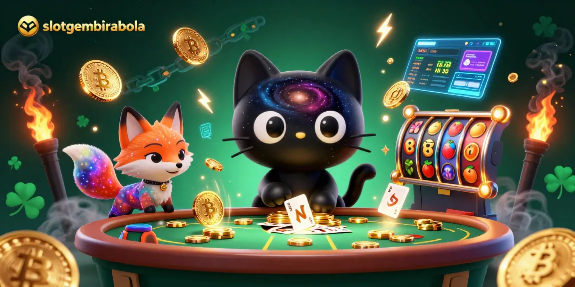 Engage in the vibrant cosmic casino scene of slotgembirabola with a black hole cat and nebula fox.