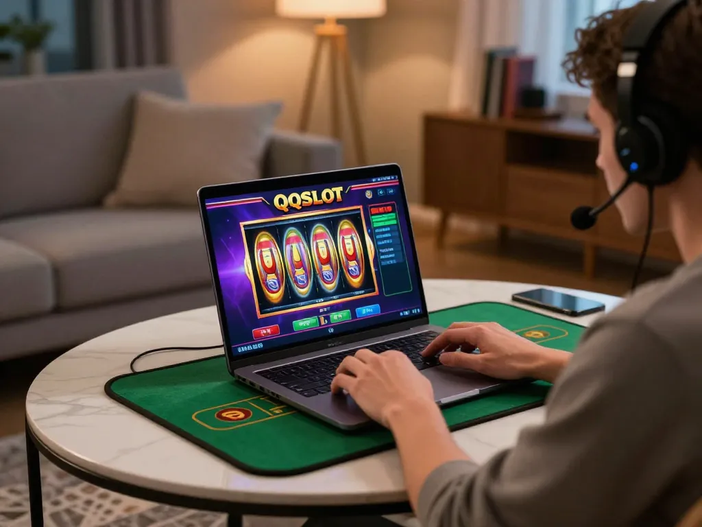Engaged player using laptop for QQSLOT online slots gameplay at cozy home setup