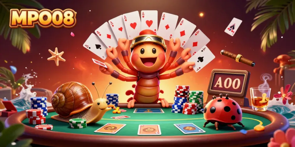 MPO08 delivers a vibrant casino experience with colorful chips, cards, and animated characters engaging in a lively poker game.