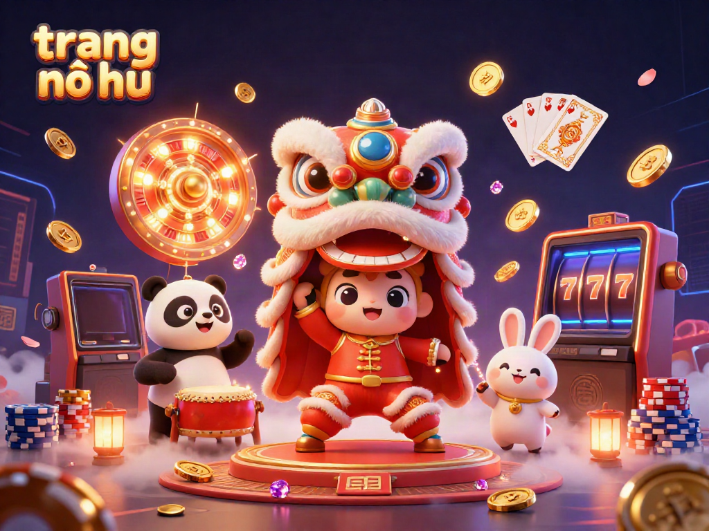 Experience high-stakes fun with "trang nổ hũ" in this vibrant 3D casino scene filled with colorful elements.