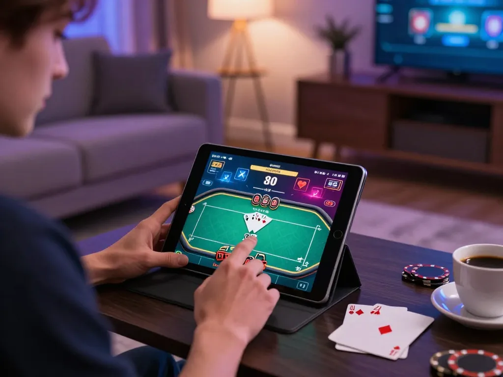Engaging in qq alfa poker gameplay on tablet at home, showcasing strategic notes and relaxed ambiance.