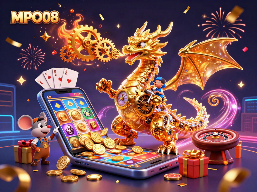 MPO08 showcases a vibrant 3D scene with a dragon and slot elements, enhancing your casino excitement.