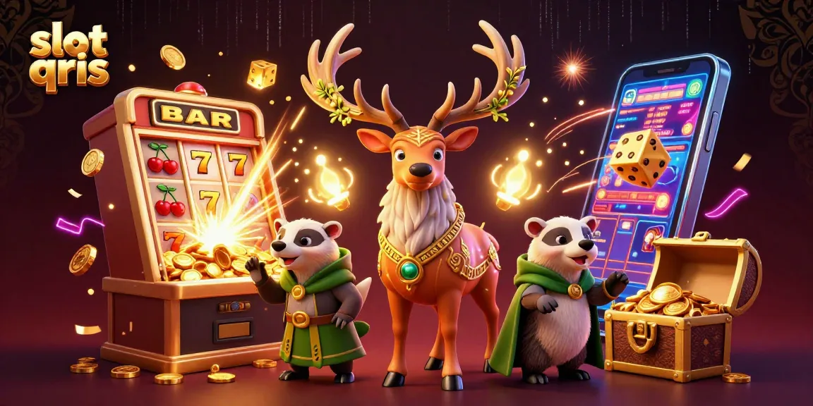 Play slots with slot qris for exciting wins, featuring vibrant 3D casino illustration.