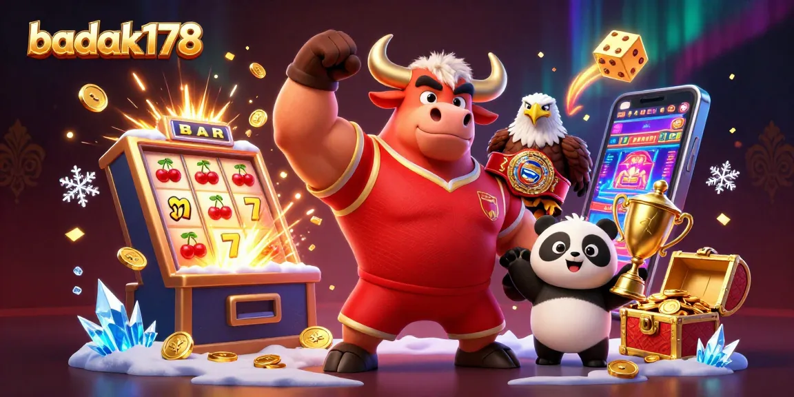Join the excitement at badak178 with vibrant gaming elements and winning characters celebrating a jackpot.
