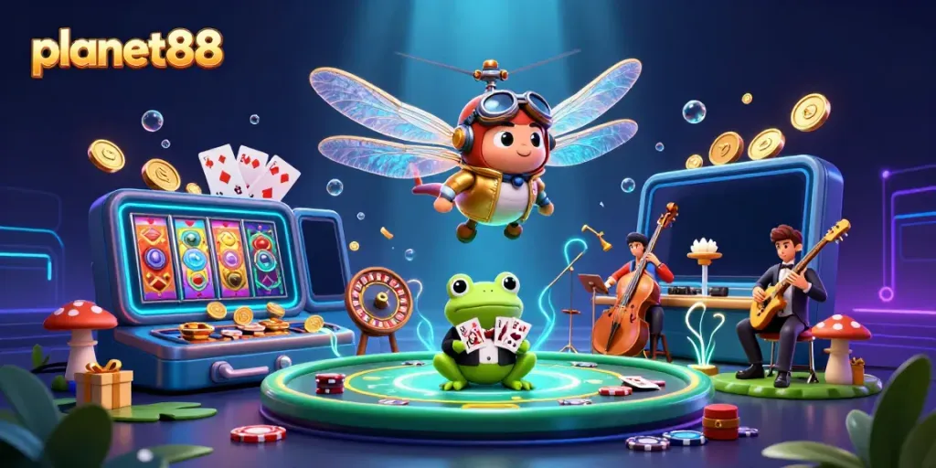 Experience thrilling gaming with planet88, featuring a dragonfly pilot and frog croupier in a vibrant casino scene.