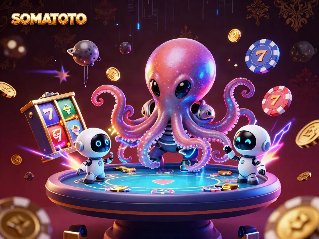 SOMATOTO alien octopus at a glowing poker table with colorful slot machines and shiny chips