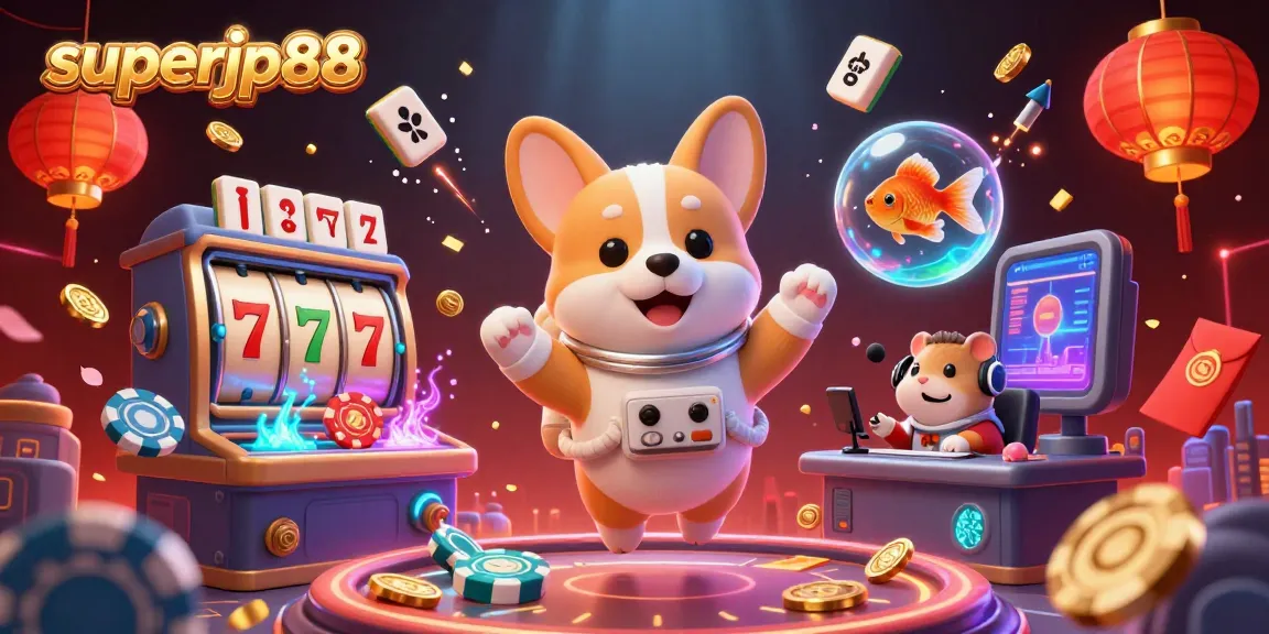 Enjoy the action-packed world of superjp88 with a corgi astronaut and vibrant casino elements in space.