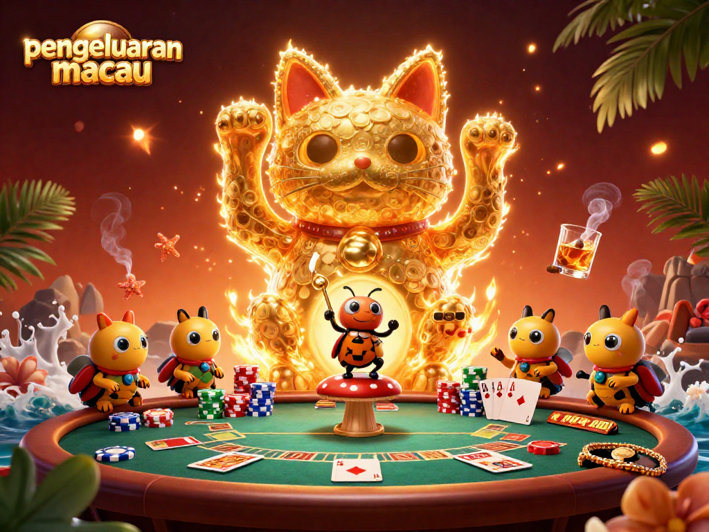 Menangkan permainan dengan pengeluaran macau melalui ilustrasi cat keberuntungan berkilau yang dikelilingi oleh elemen kasino.