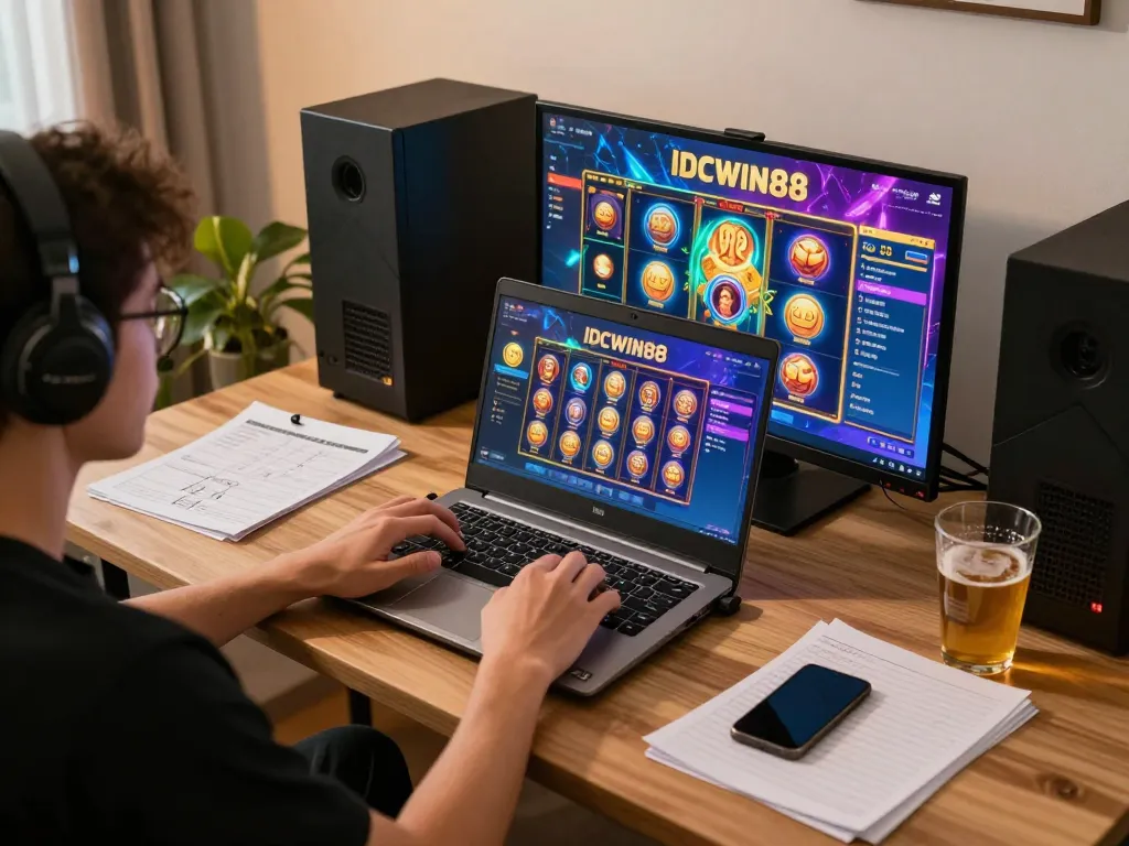Engaging gameplay on IDCWIN88 slot games through a laptop at a cozy home workstation