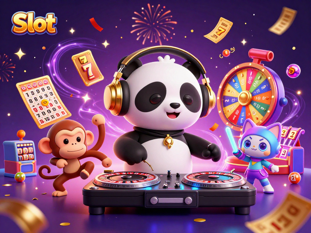 Spin Slot reels with DJ panda, breakdancing monkey, and rave kitten in vibrant casino scene.