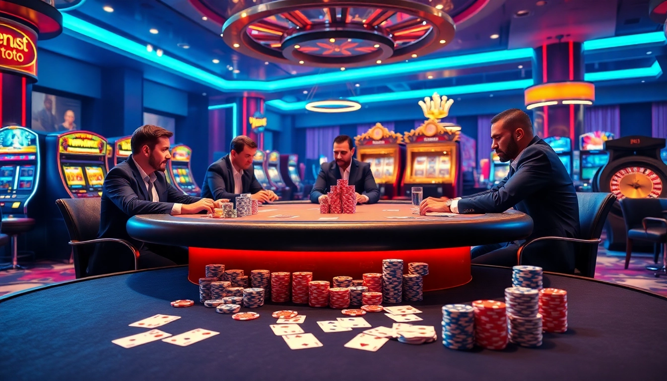 Rasakan sensasi Emas Toto bersama pemain profesional di meja poker yang dinamis dikelilingi chip berwarna-warni.