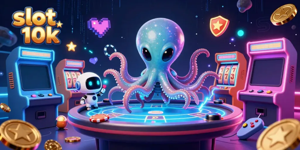 Bermain slot 10k dengan alien kartun dan robot, dikelilingi chip poker asteroid dan mesin permainan, penuh warna.