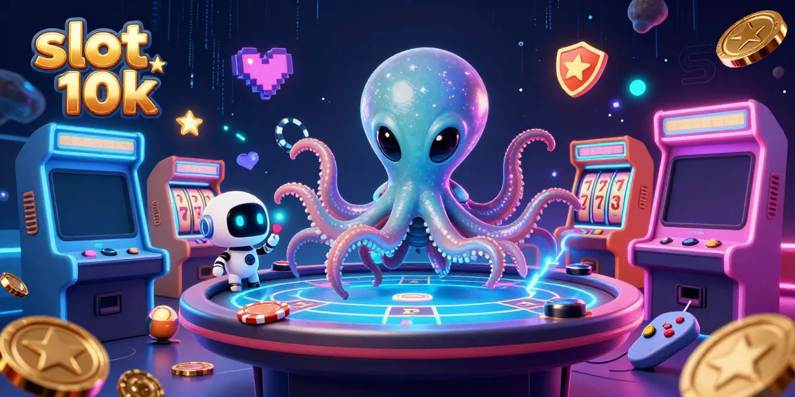 Bermain slot 10k dengan alien kartun dan robot, dikelilingi chip poker asteroid dan mesin permainan, penuh warna.