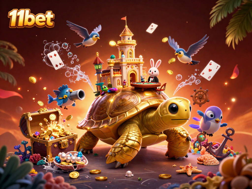 Experience the thrilling world of 11bet with golden tortoise casino illustration bursting with lively characters.