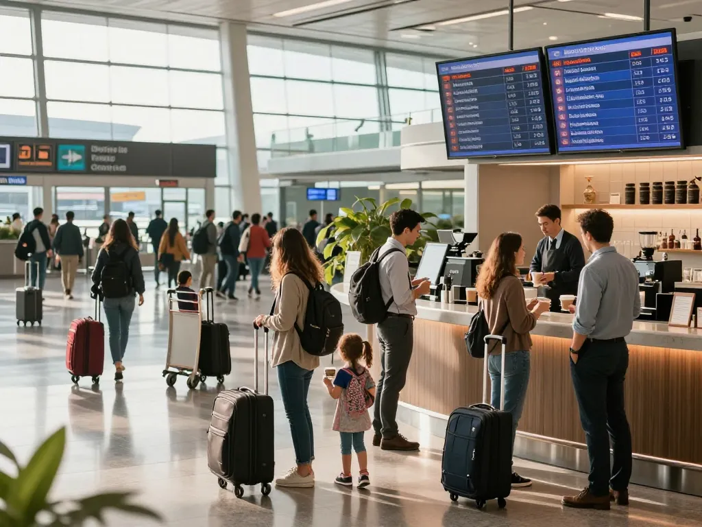 Fly88 travelers checking in at airport terminal, capturing excitement and adventure.