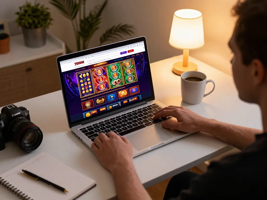 Person using laptop for 78win đăng nhập with vibrant casino graphics and cozy setup