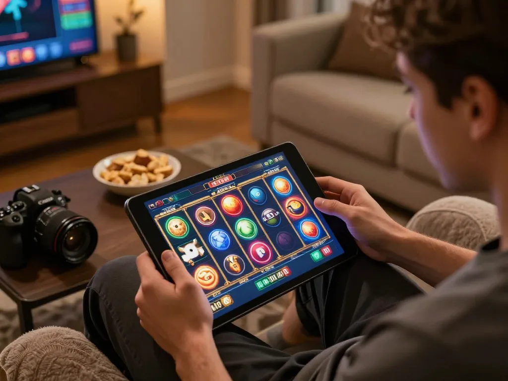 LGO SUPER slot gameplay on tablet in a cozy setting, showcasing engaging online gambling experience.