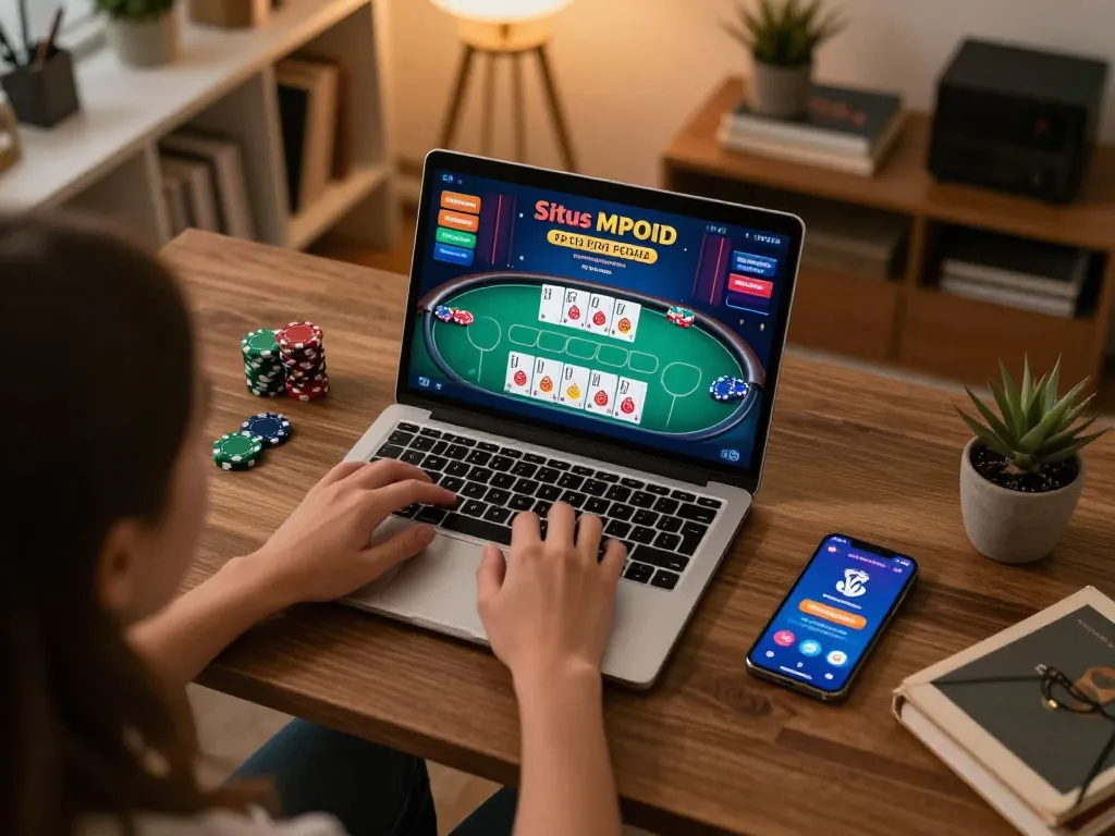 Engaging online poker gameplay on Situs MPOID laptop amid a stylish home setup.