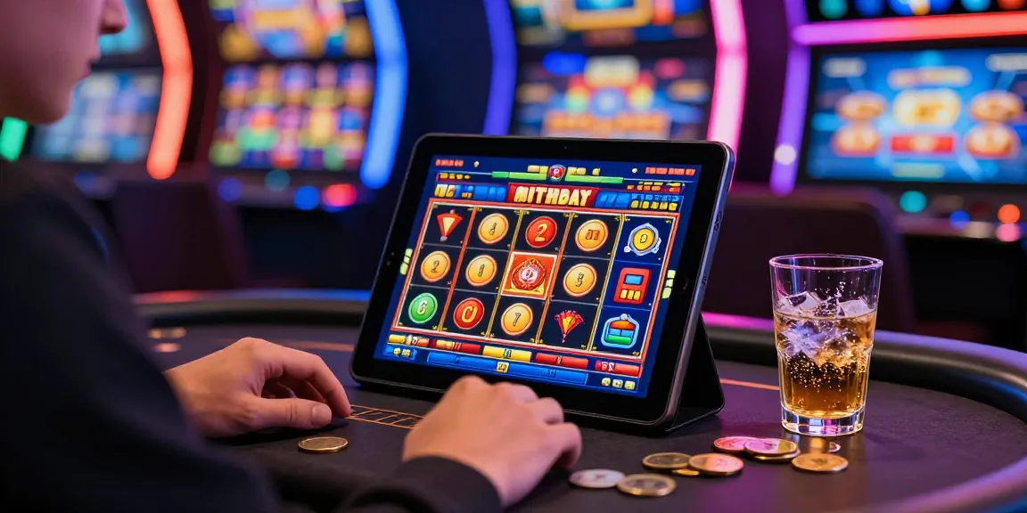 Exciting player enjoying situs slot on a tablet in a vibrant casino setting.