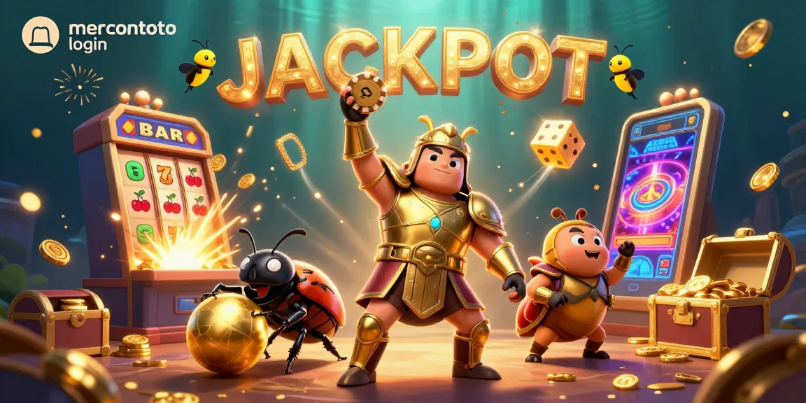 Ilustrasi 3D Mercontoto login menampilkan karakter kartun yang merayakan jackpot di kasino dengan efek misterius.