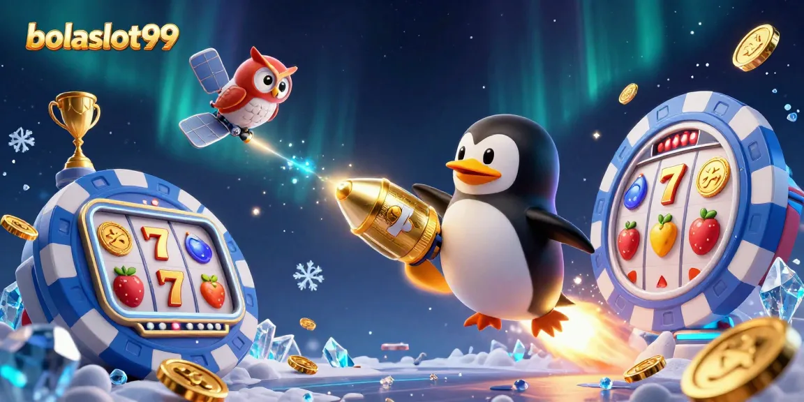Experience thrilling slots with bolaslot99 featuring a golden penguin journeying to a casino space station.
