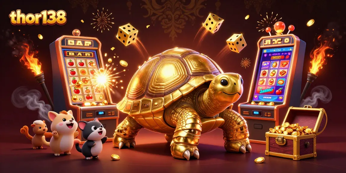 Thor138 mempersembahkan ilustrasi kasino dengan kura-kura emas dan mesin slot Jackpot