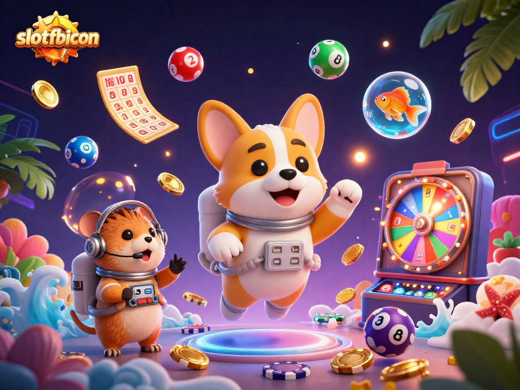 Experience excitement with slotfbicon in a cosmic casino featuring an astronaut corgi and dynamic lottery elements.