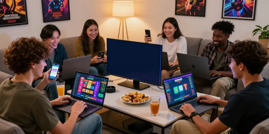 Pengguna BUNTOGEL bermain Toto Togel 4D bersama teman-teman di ruang tamu yang nyaman.