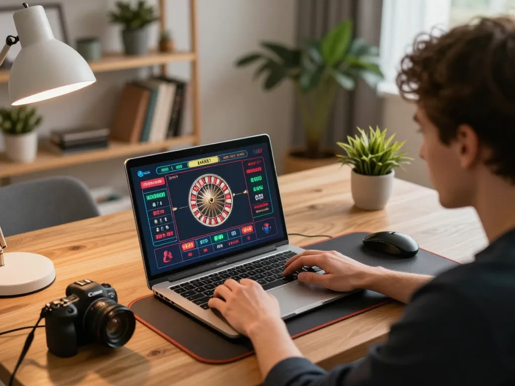 situs slot gacor player engaged with live dealer roulette on laptop showcasing strategic gameplay.