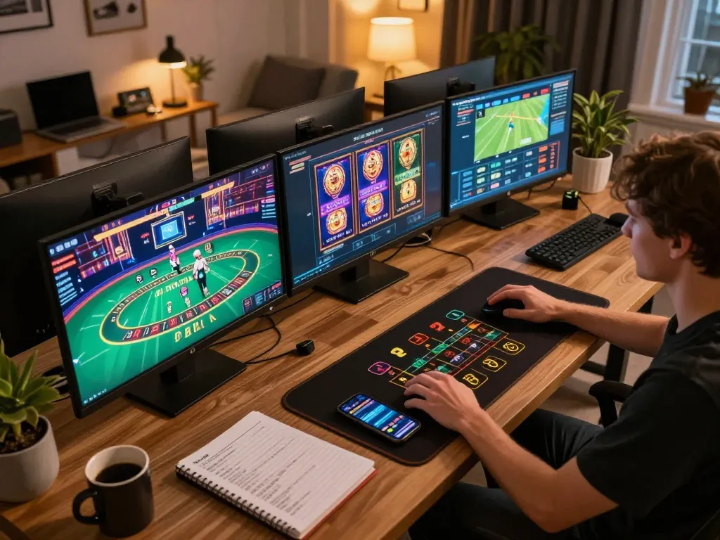 Engaging online gameplay on multiple screens at home, featuring UG DEWA casino activities and strategic insights