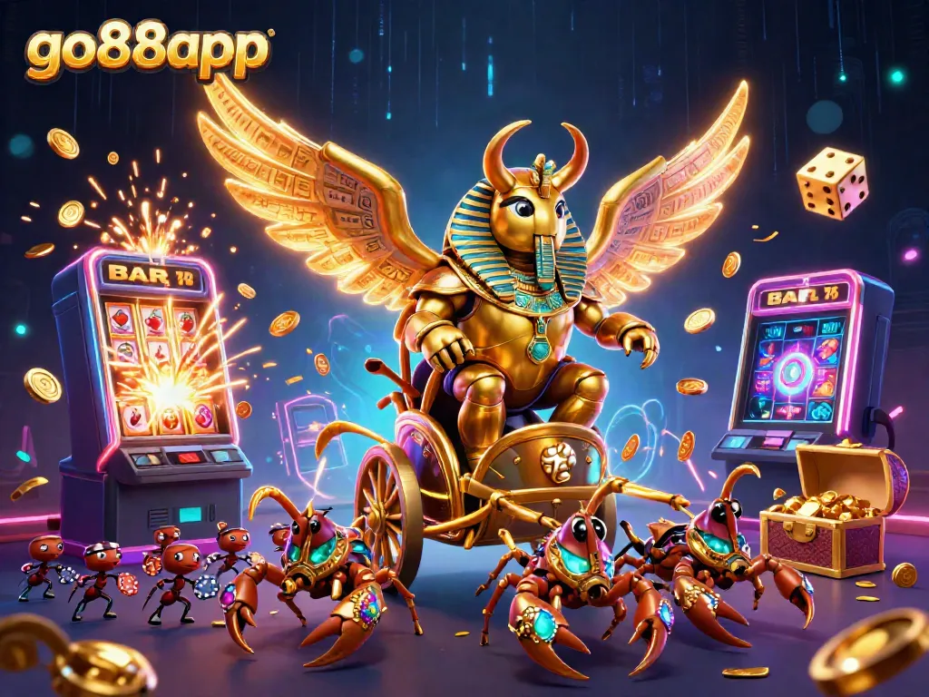 Experience excitement with the go88app in a dazzling casino scene featuring a golden beetle and jackpot explosion.