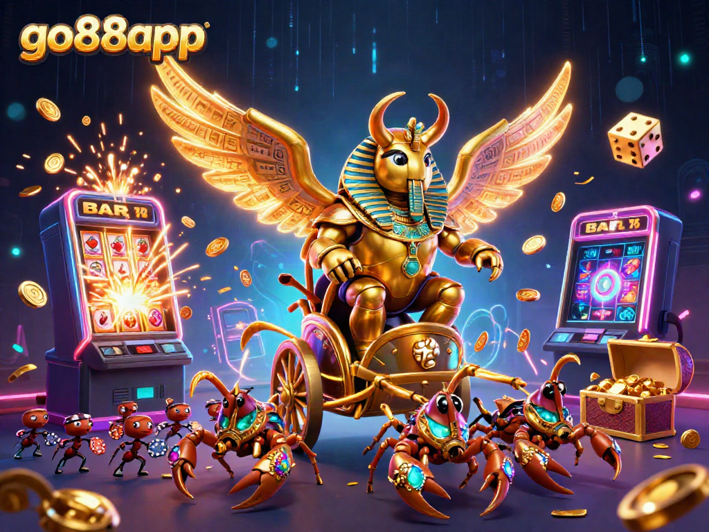 Experience excitement with the go88app in a dazzling casino scene featuring a golden beetle and jackpot explosion.