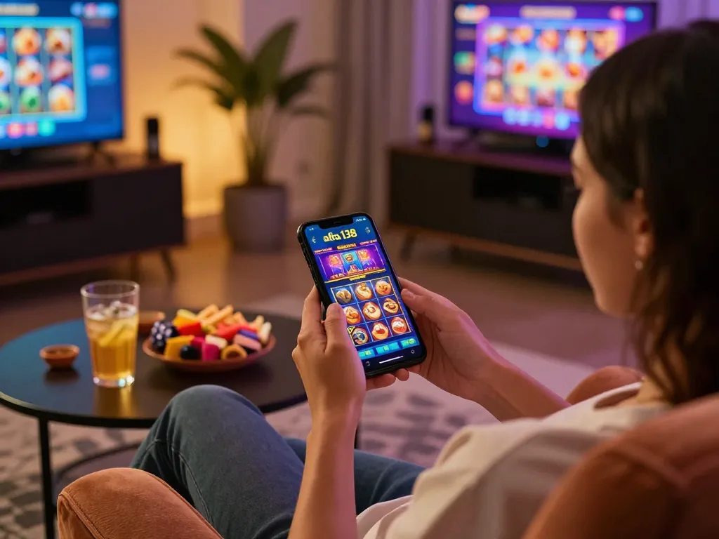 Engaging scene of a person playing alfa 138 slots on a smartphone, casual gaming atmosphere with snacks.