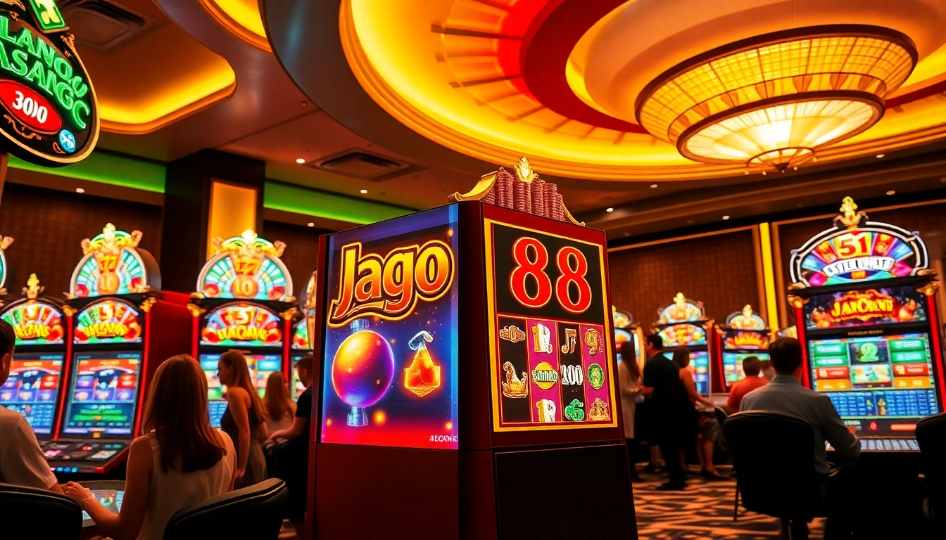 Jagoan86 slot machine in a vibrant casino setting, showcasing the thrill of gambling.