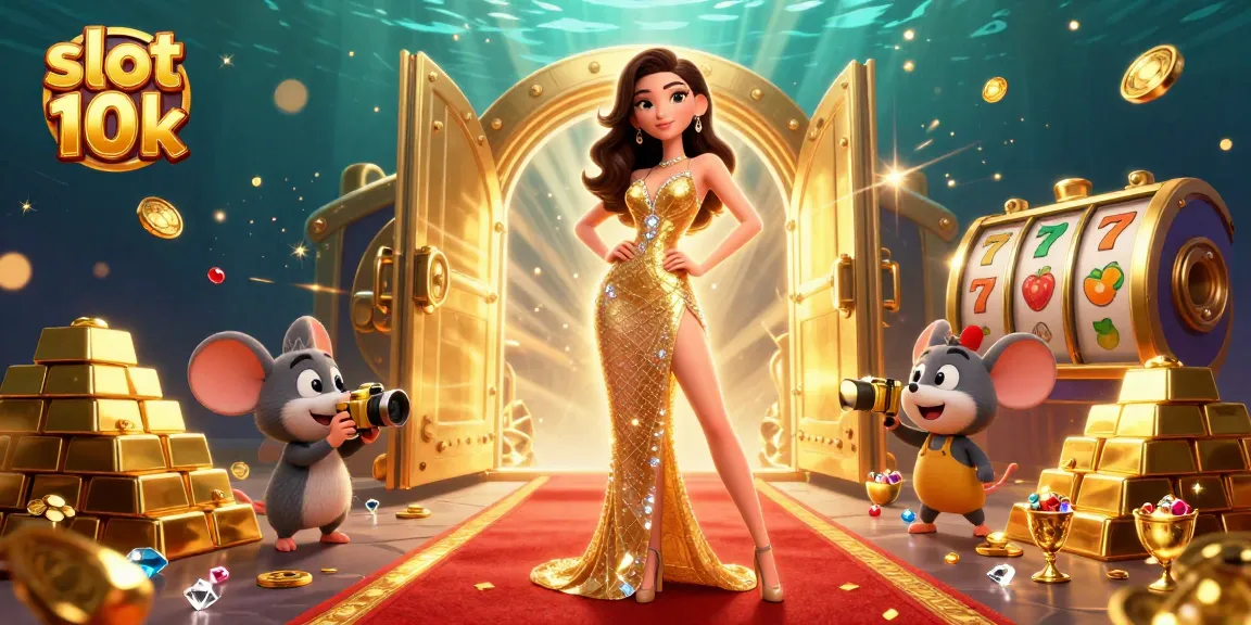 Spin to win with slot 10k, featuring vibrant 3D characters and dazzling treasures in an engaging casino scene.
