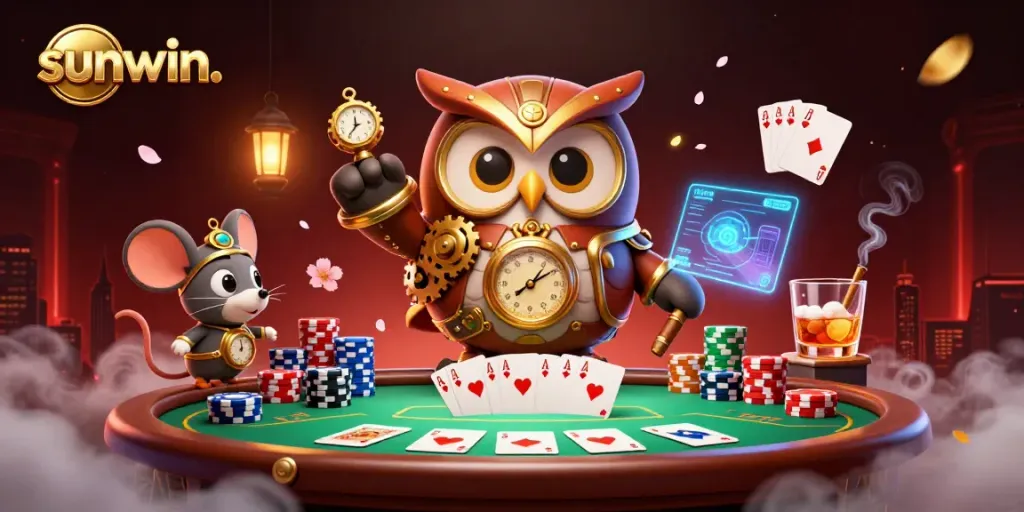 Engage with sunwin. at a vibrant 3D casino scene featuring a time-traveler owl and poker elements.
