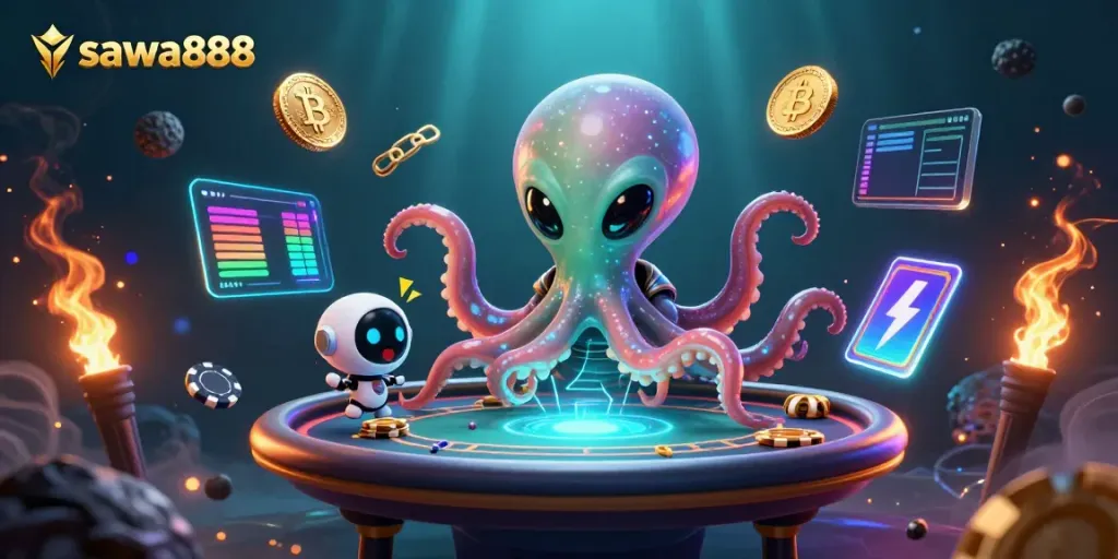Engaging SAWA888 online casino scene with alien octopus at a holographic poker table surrounded by crypto elements.
