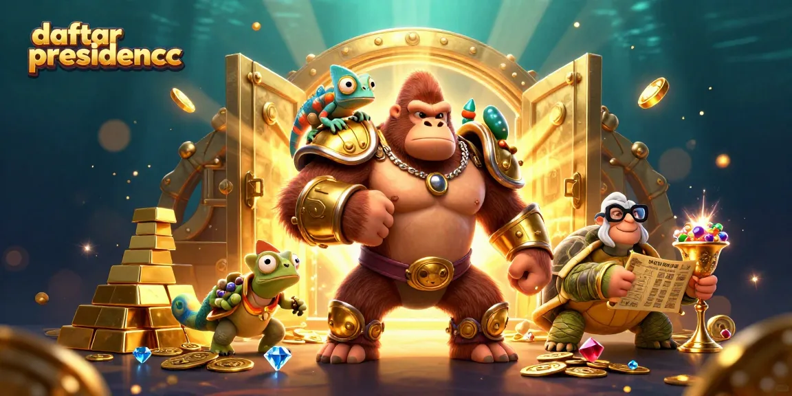Engaging scene showcasing daftar presidencc with a cartoon gorilla king, vibrant gems, and treasure vaults.