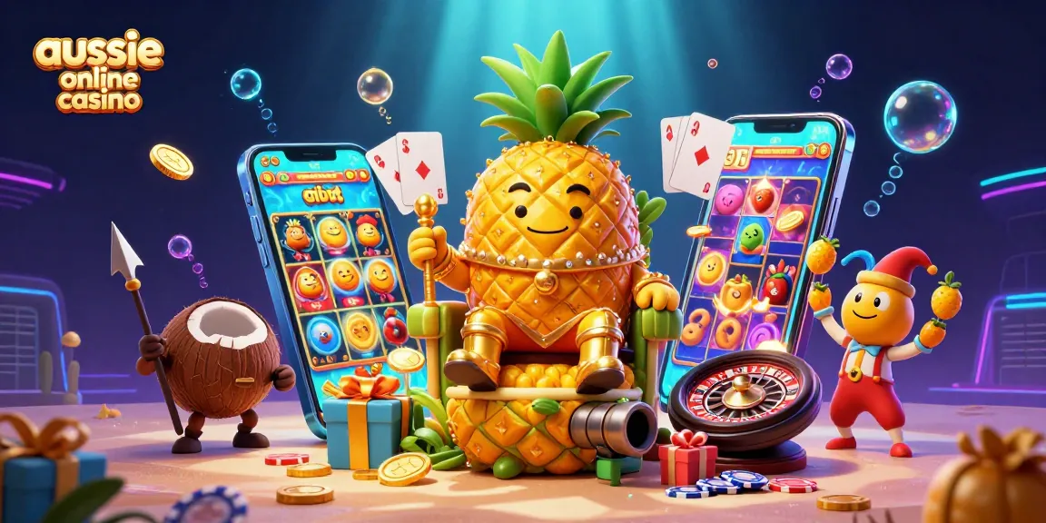 Engaging scene of aussie online casino featuring a golden pineapple king with vibrant game elements around him.
