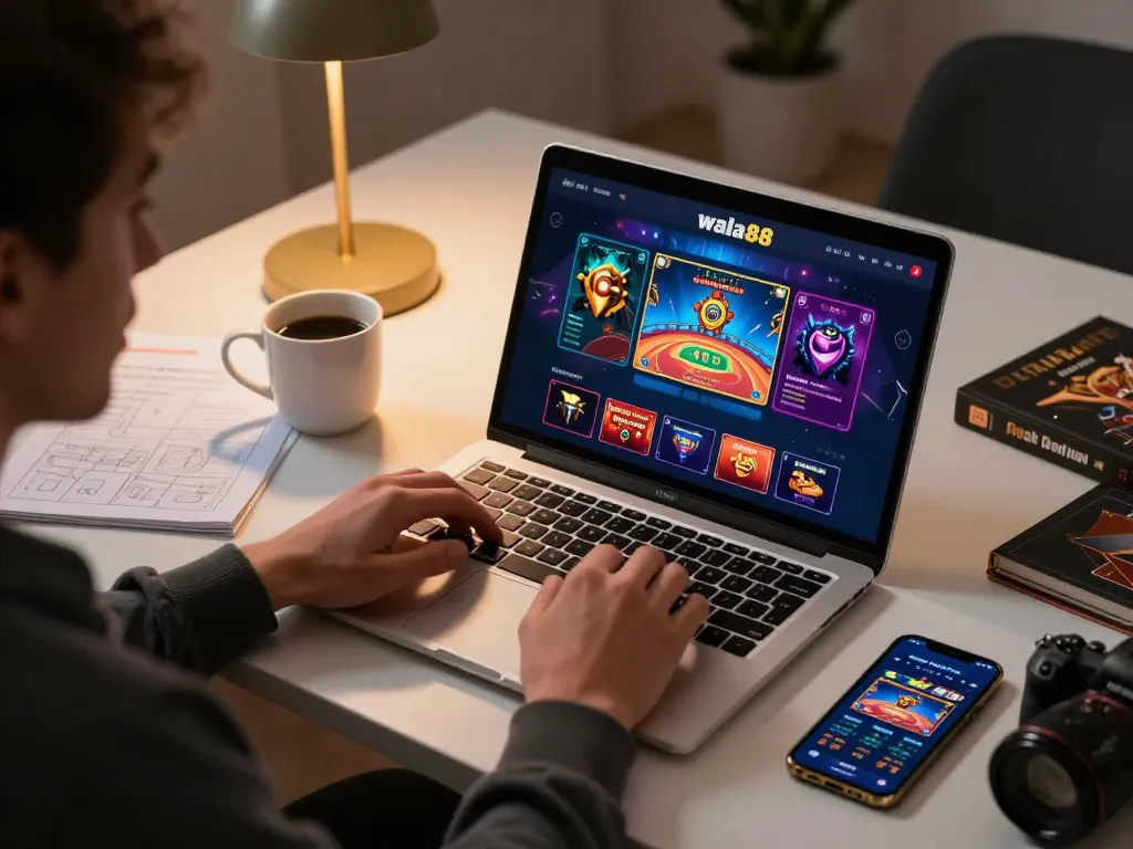 Engaging in a wala88 online casino game, showing dynamic graphics and strategic notes at a cozy workspace