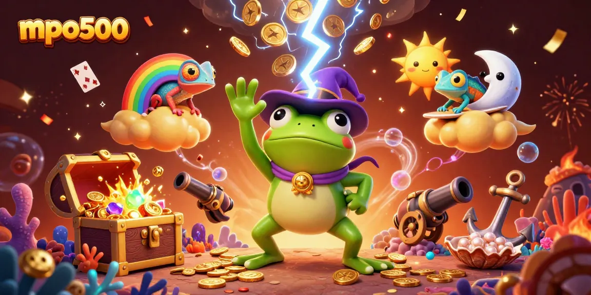 MPO500 menghadirkan ilustrasi kartun 3D yang menegangkan dengan karakter si katak penyihir cuaca dan chameleon pelangi yang berkaitan dengan permainan kasino.