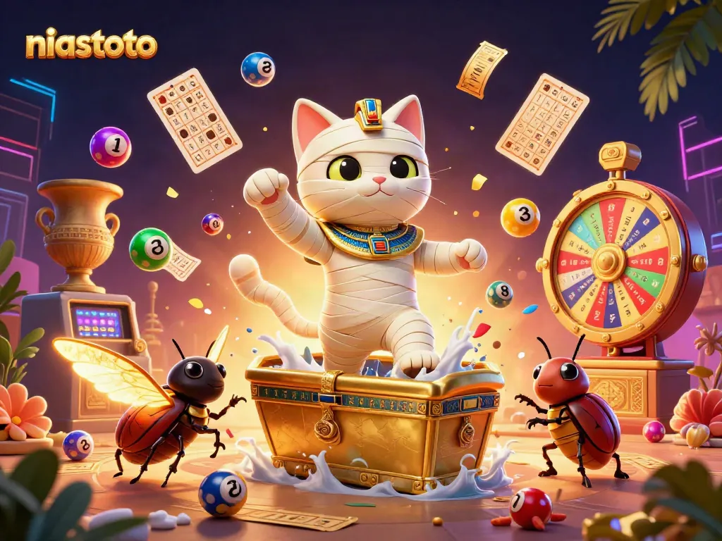 Gambarkan niastoto dengan karakter kucing mummy Mesir 3D yang keluar dari sarkofagus berwarna emas di kasino piramida.