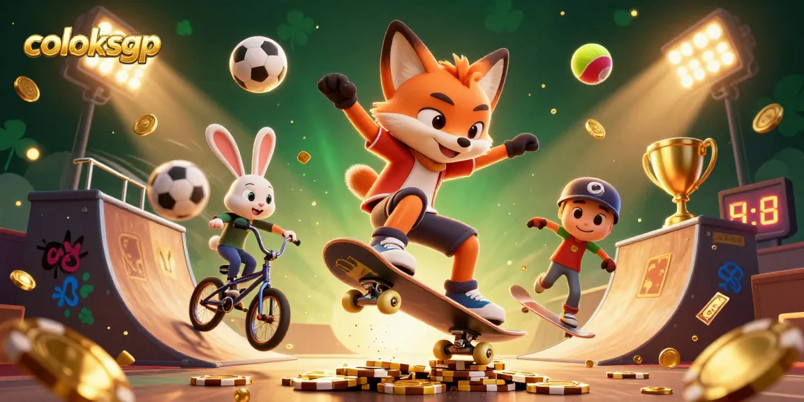 Coloksgp menampilkan rubah skateboard 3D melakukan trik di atas chip poker keemasan, dikelilingi bola olahraga.
