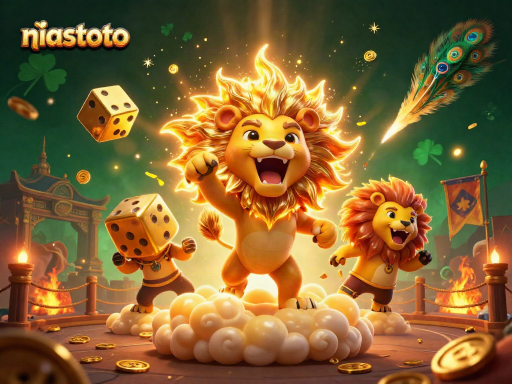 Menangkan jackpot di niastoto dengan lion berapi dan dadu emas, suasana mengesankan.