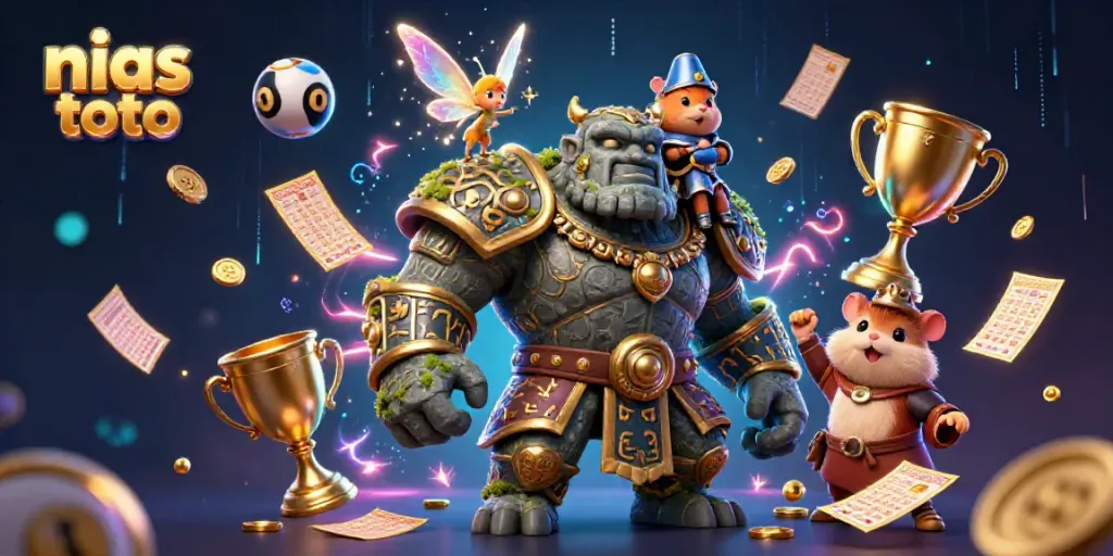 Menangkan permainan lotere dengan nias toto, golem penjaga magis dalam suasana berkilau.