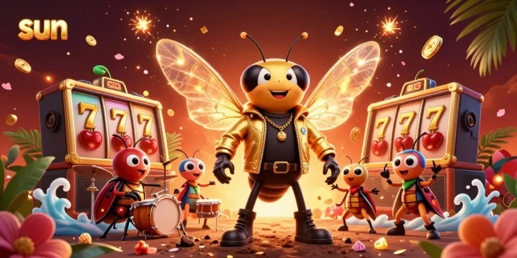 Engaging scene showcasing sun-themed casino excitement with a cartoon cicada rock star and dynamic slot game elements.