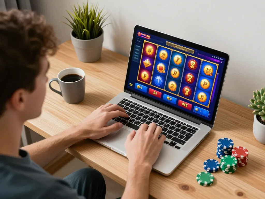 MPOID player enjoying multiple slot games on a laptop at home, showcasing colorful reels and engaging atmosphere