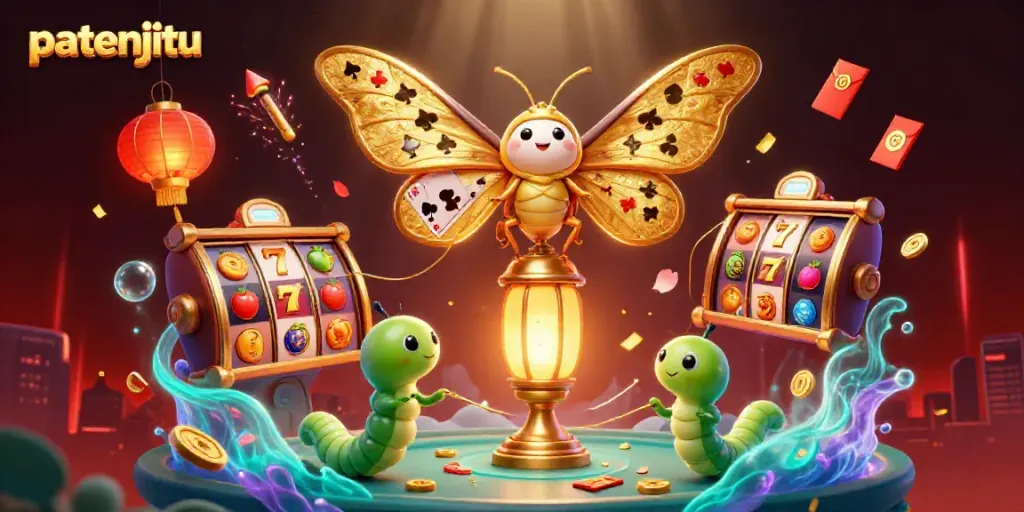 Patenjitu menghadirkan slot berputar dengan simbol buah dan jackpot dalam ilustrasi berwarna-warni yang megah.