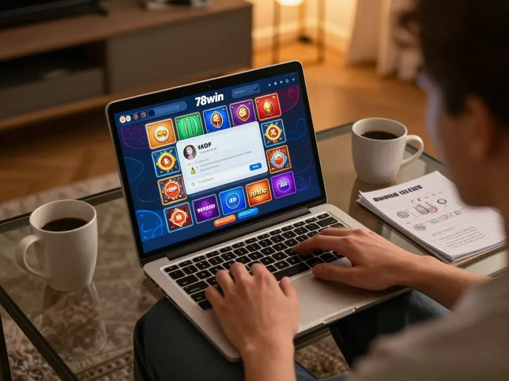 Accessing 78win đăng nhập on a laptop, with vivid game interface and cozy home setting.